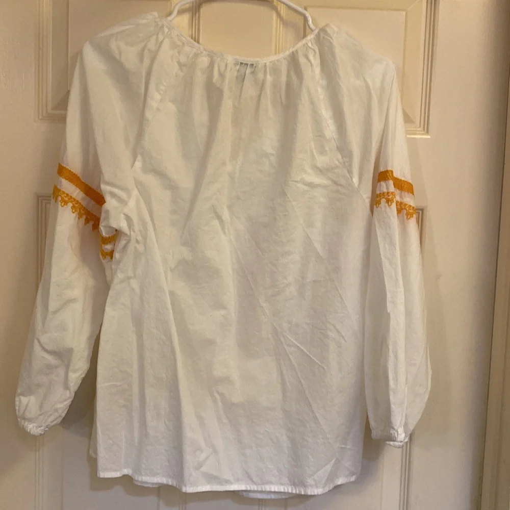 J CREW Raglan Popover white blouse with orange embroidery and 3/4 sleeves size M